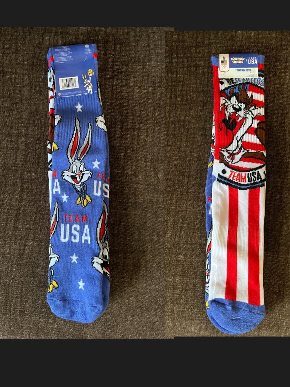 2 Pack Of Crew Socks - Looney Tunes - Fits Men Shoe Size 6-12 - "Team USA"